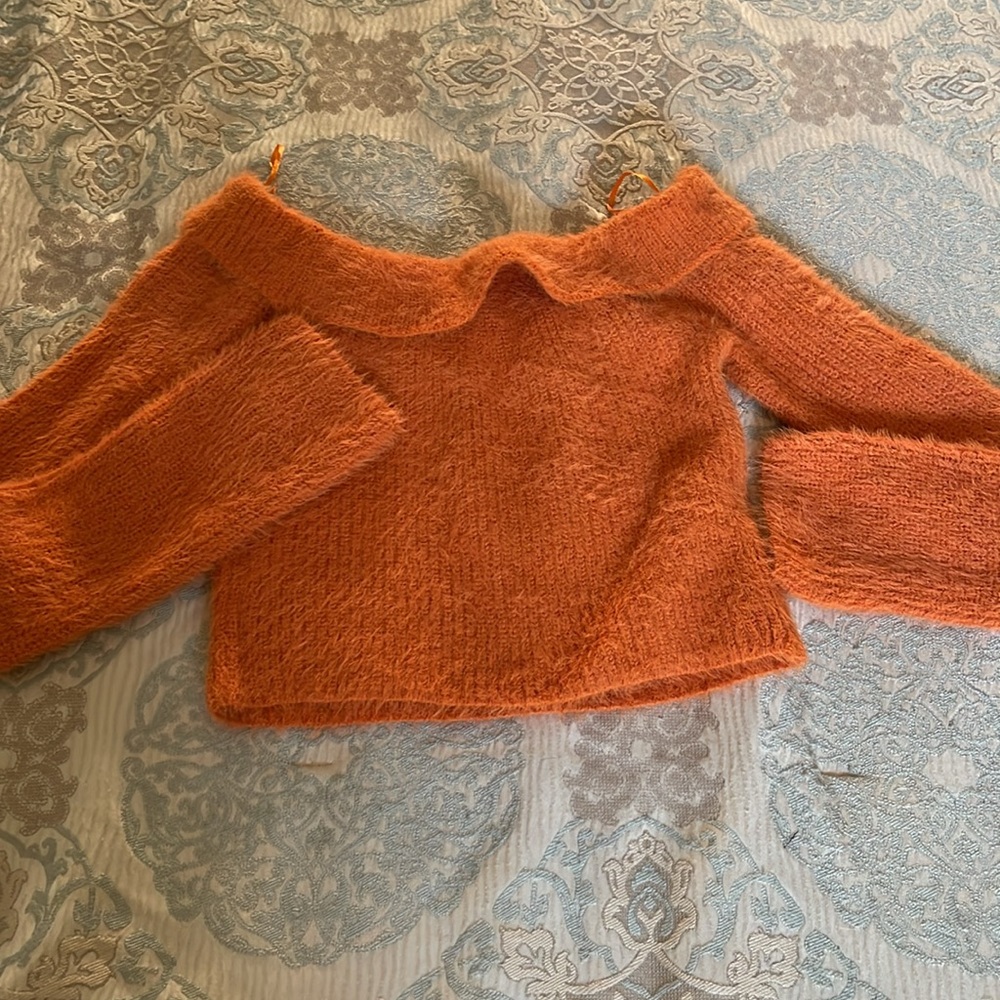 Kelsis Orange Off-Shoulder Fuzzy Sweater - Picture 4 of 8
